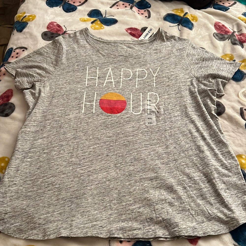 New with tags! Comfy cute top with stretch. Says HAPPY HOUR.